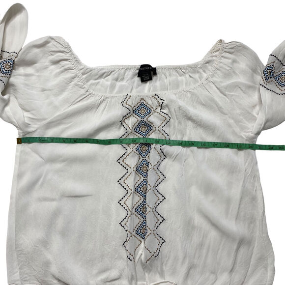 KAREN KANE Boho Peasant Embroidered Blouse in White Blue Tie Front Size Medium - Picture 8 of 9